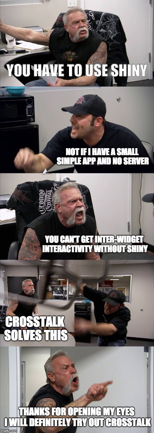 A man argues that the other must use Shiny because it's the only way to get interactivity; the other man says {crosstalk} solves this; the first man relents.