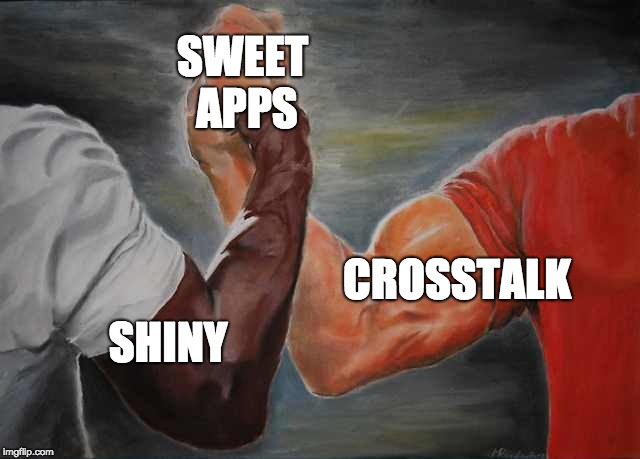 Two muscular arms labelled 'Shiny' and 'Crosstalk' grip their hands, labelled 'sweet apps', in triumph.