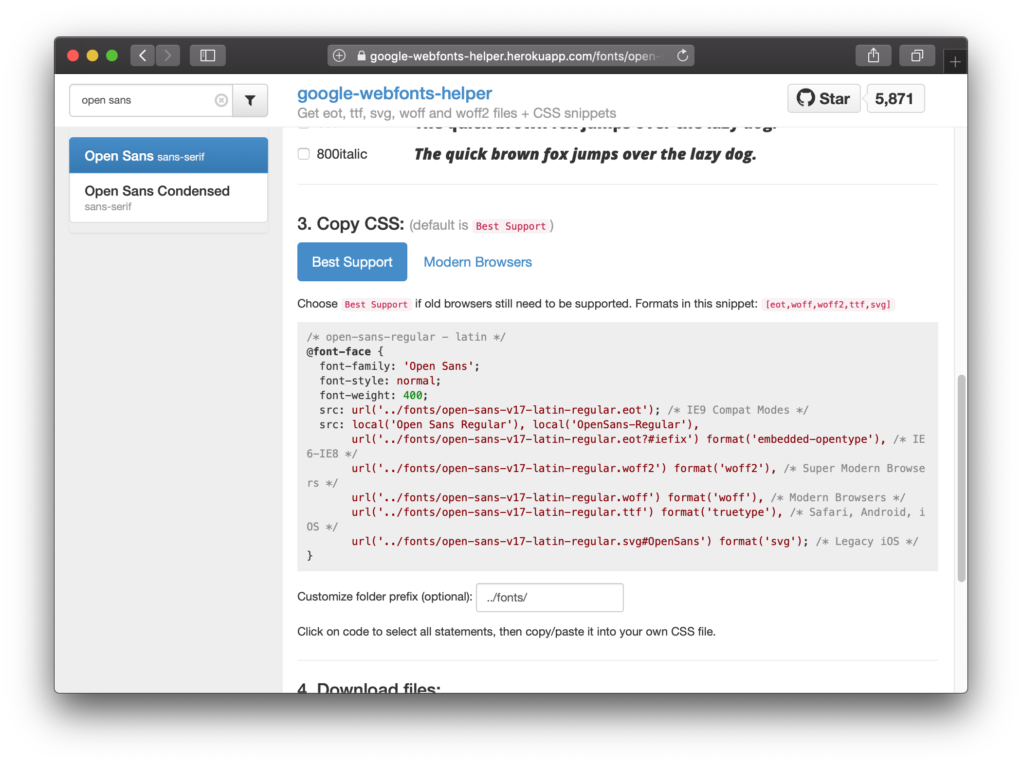 Open Sans download page on the Google Fonts Helper website, scrolled down to a section of copiable CSS for your website.