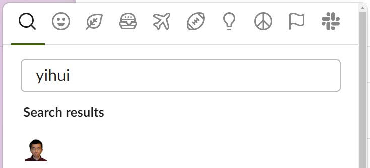 Screenshot of the Slack emoji picker. The user has searched for 'yihui', which returns an emoji profile picture of Yihui Xie.