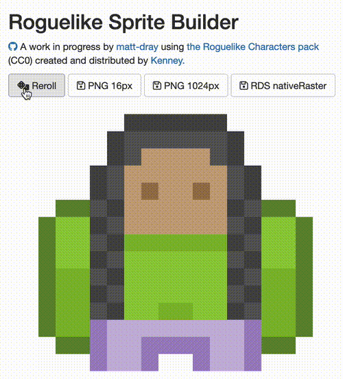 A web app titled 'roguelike sprite builder'. A 'reroll' button is pressed several times, which causes a 16-by-16 pixel character sprite to be regenerated with random hair, shirt, weapons, etc. There are additional buttons to download the image. The art is attributed to Kenney.