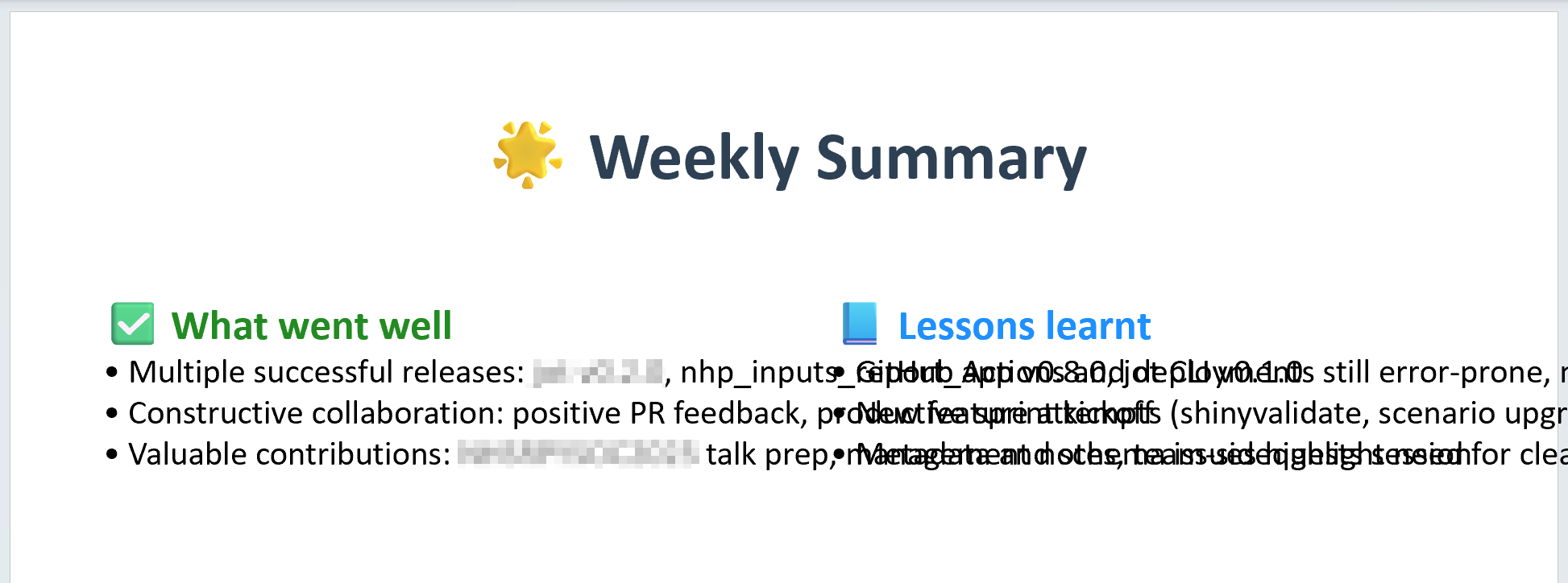 A PowerPoint slide. The title is 'weekly summary' with a sun emoji. There are two columns. The left is titled 'what went well' with a green checkbox emoji. The right is titled 'lessons learnt' with a book emoji. Both columns have three bullet points of text. The text doesn't wrap. It overlaps and runs off the screen.