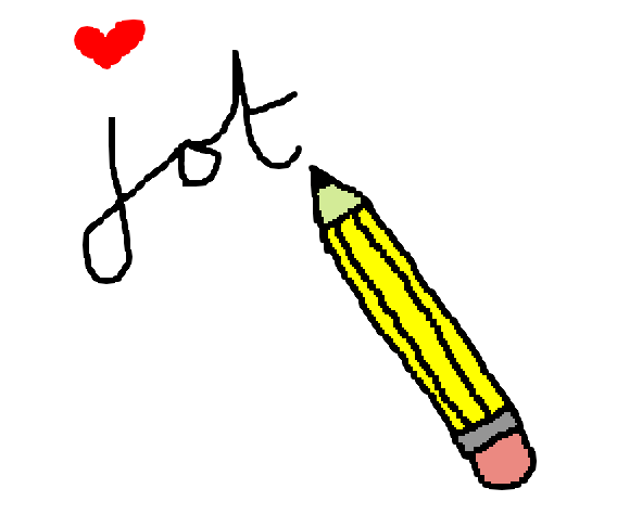 Terribly drawn image of the word 'jot' in cursive with a pencil at the end of the letter 't'.  The dot of the letter 'i' is a red love heart.