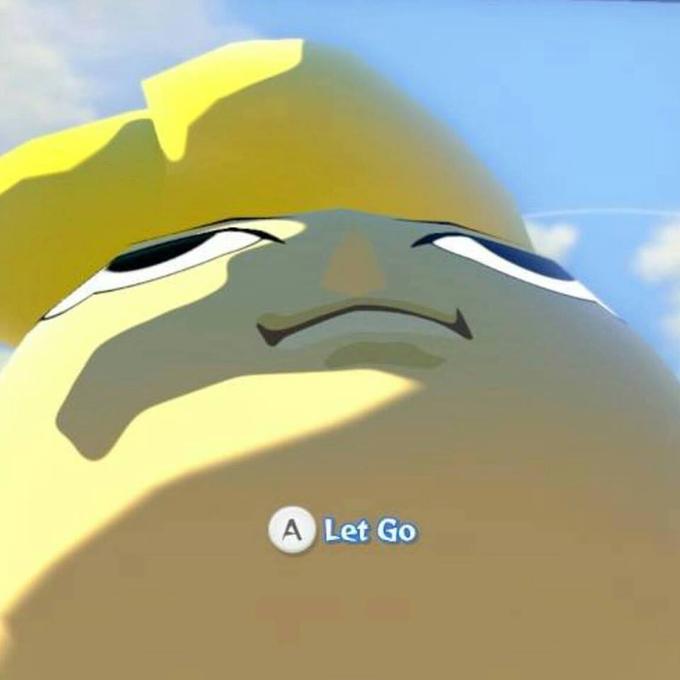 Meme of Link from The lEgend of Zelda: Windwaker. The camera is zoomed right up under his chin, his face filling the screen. There's an on-screen instruction to press the 'A' button to 'let go'.