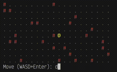A 10 by 20 grid of characters printed to a zsh terminal. The majority are floor tiles, which are are grey period symbols. Randomly-placed walls are red hash symbols. The player is a yellow at symbol in the middle. A prompt underneath reads 'Move (WASD)+Enter:', ready for user input. The user inputs values to make the at symbol move around the tiles.