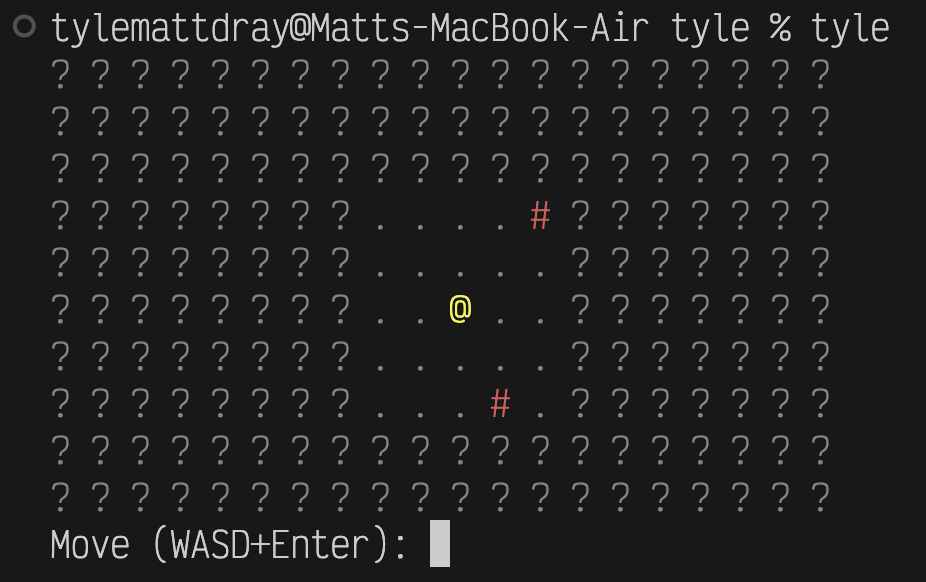 A 10 by 20 grid of characters printed to a macOS terminal. Tiles are mostly question-mark characters (unknown tiels). Near the midlle is an 'at' symbol (the player), surrounded within two tiles of the grid with periods (floor tiles) and hash marks (wall tiles). A prompt underneath reads 'Move (WASD)+Enter:', ready for user input.