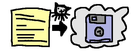 A crudely drawn MS-Paint-style picture of a text document on the left, with an arrow pointing to the right, where there's a cloud that contains a floppy disk. In the middle is Octocat, the GitHub mascot.