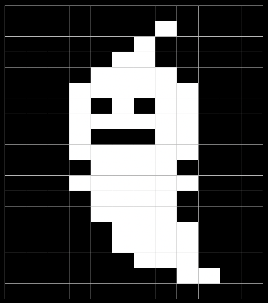 Cells of a spreadsheet filled white to render a pixellated ghost on black-filled background cells.